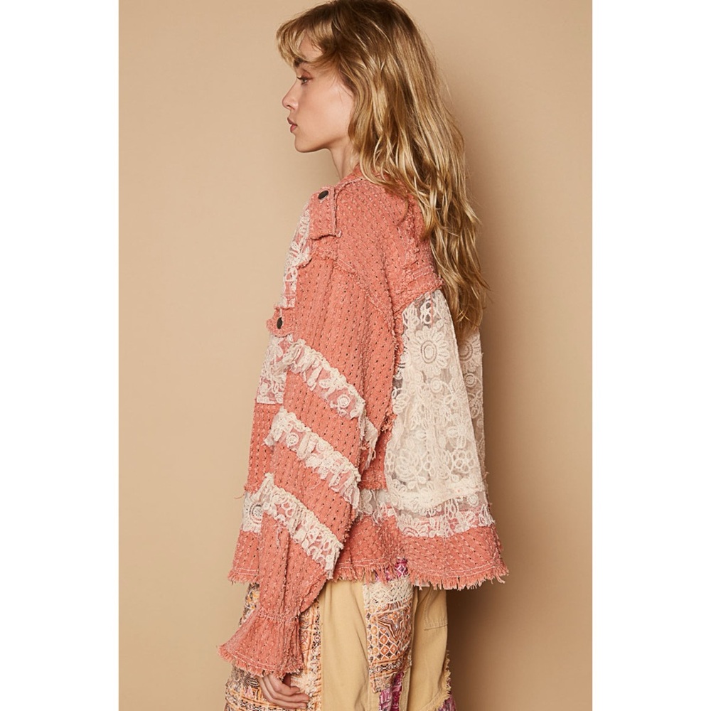 POL Coral Pink Twill & Lace Patchwork Jacket | Button Front Balloon Sleeves - Picture 3 of 6
